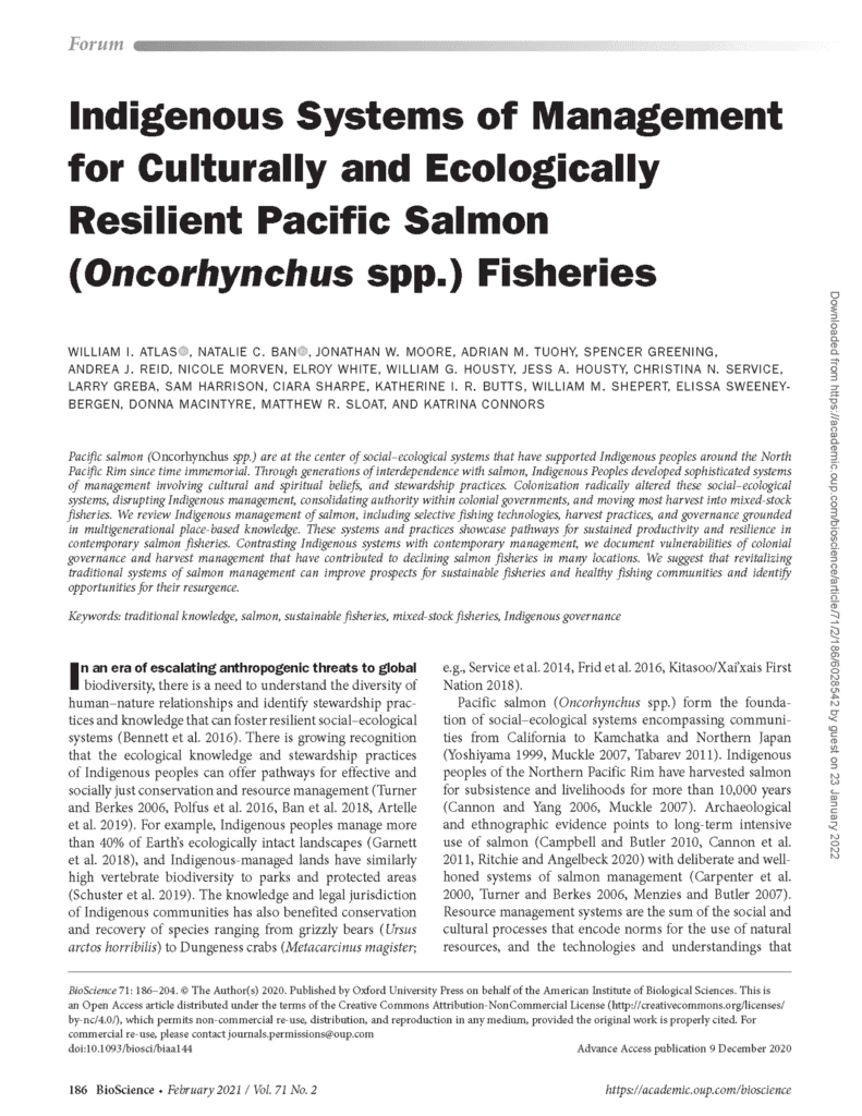 Indigenous Systems of Management for Culturally and Ecologically Resilient Pacific Salmon (Oncorhynchus spp.) Fisheries (2020)