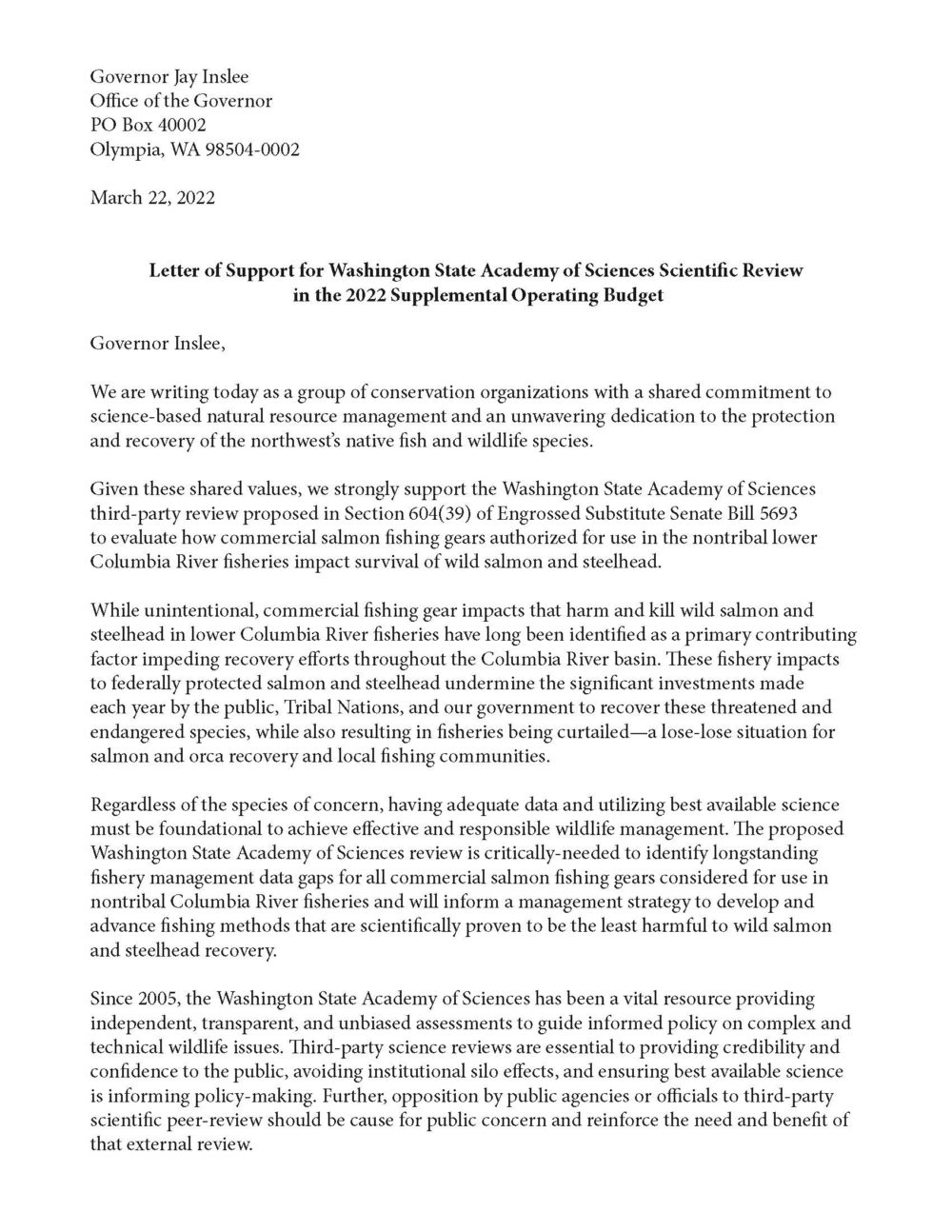 Letter of Support for Washington State Academy of Sciences Scientific ...