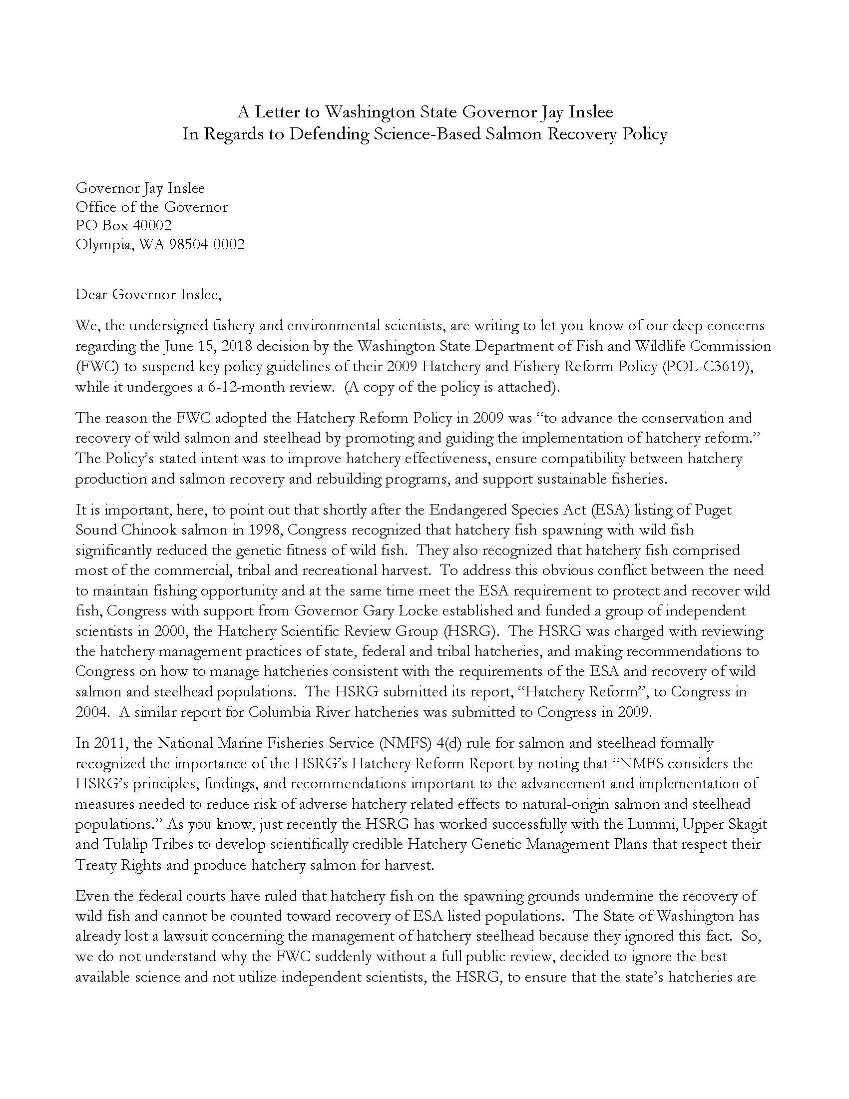 A Letter To Washington State Governor Jay Inslee In Regard To Defending ...
